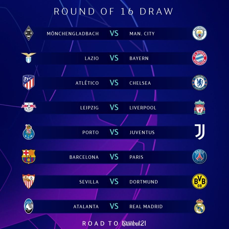 2020-2021 UCL 16강 대진표 [유럽축구연맹 트위터 캡처]