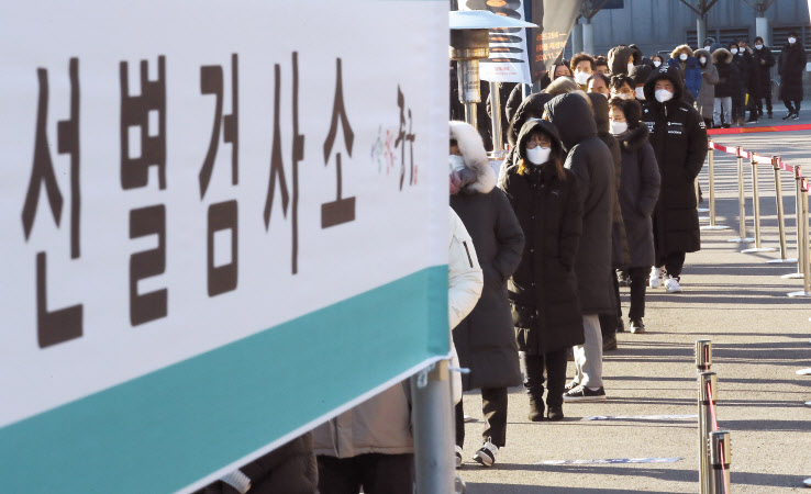 15일 오전 서울역 광장에 마련된 코로나19 임시 선별검사소에서 길게 늘어선 시민들이 검사를 받고 있다. [연합]