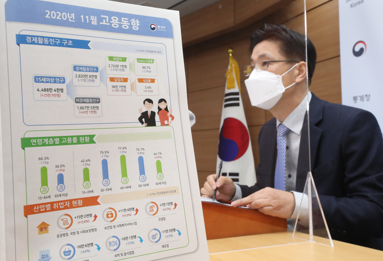 정동명 통계청 사회통계국장이 16일 오전 세종시 정부세종청사에서 2020년 11월 고용동향 브리핑을 하고 있다. [연합]