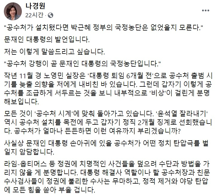 나경원 국민의힘 전 의원 페이스북 일부 캡처.