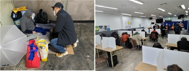 강동역 지하주차장 거리노숙인을 상담하고 있는 모습(왼쪽)과 서울역 실내급식장 따스한채움터에 칸막이가 서치된 모습. [서울시 제공]