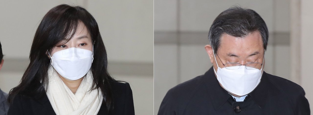 Former Presidential Secretary for Political Affairs Cho Yoon-sun (L) and former Presidential Chief of Staff Lee Byung-kee arrive at the Seoul High Court in southern Seoul on Thursday, to attend their appeals trials related to an investigative panel on the sinking of the ferry Sewol. (Yonhap)