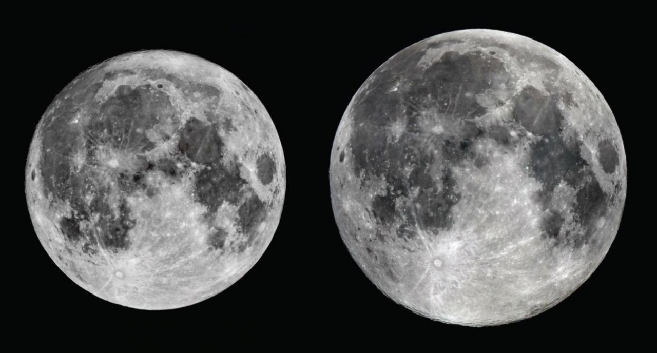 가장 작은 보름달(왼쪽)과 가장 큰 보름달(오른쪽).[한국천문연구원 제공]