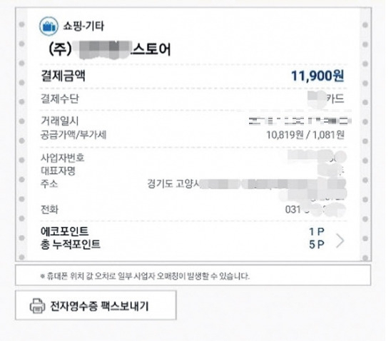 앱을 통해 받은 전자영수증 내역. 세부 거래내역 없이 총 결제금액만 표시eho 교환·환불이 안 되는 점이 과제로 지적된다. [헤럴드경제DB]