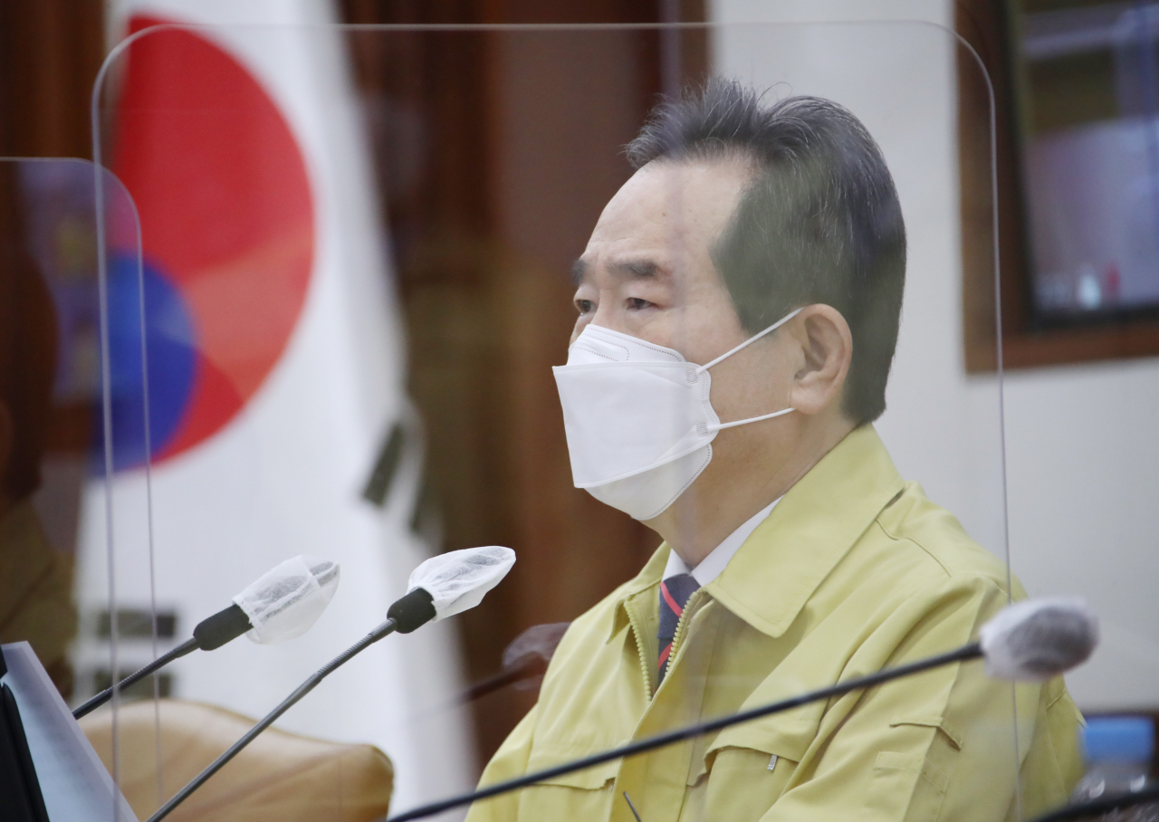 정세균 국무총리가 22일 오전 정부서울청사에서 열린 신종 코로나바이러스 감염증(코로나19) 대응 중앙재난안전대책본부(중대본) 회의에서 발언하고 있다. 연합뉴스