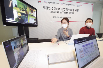 KT, 한글과컴퓨터, 경기창조경제혁신센터, 인천창조경제혁신센터 관계자들이 영상회의로 ‘클라우드 원팀’협력을 위한 양해각서(MOU) 체결식을 진행하고 있다. [KT 제공]