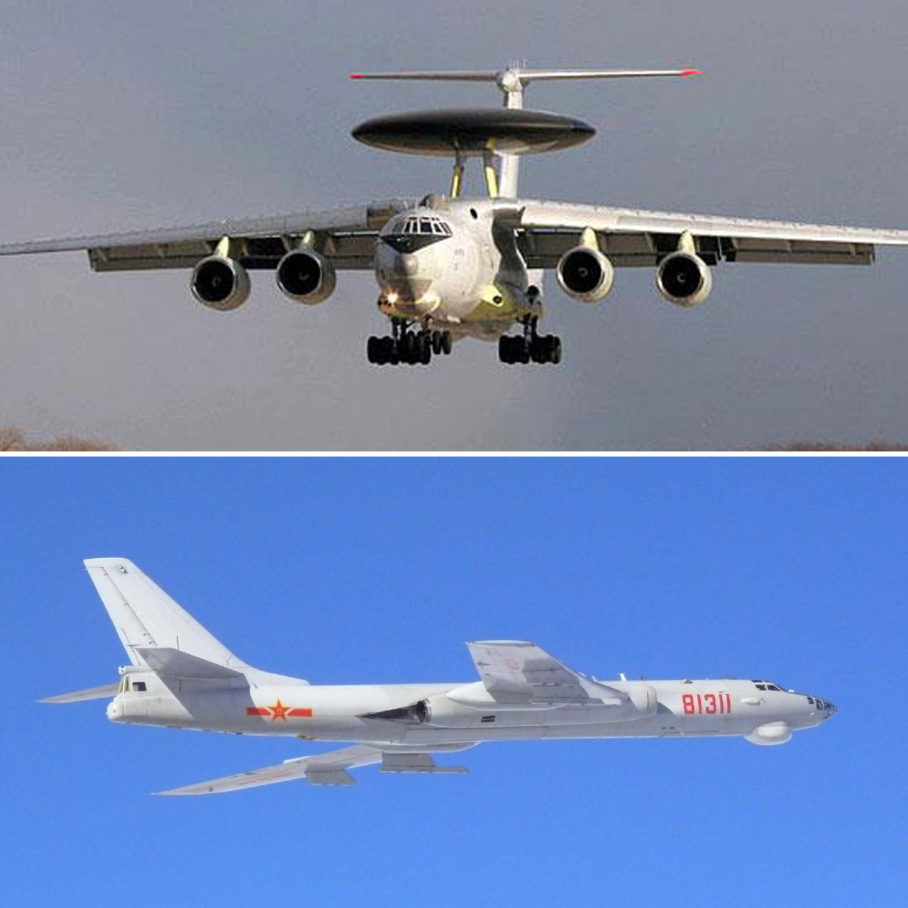러시아 A-50 조기경보통제기(사진 위)와 중국 H-6 폭격기. A-50 조기경보통제기, Tu-95폭격기 등 러시아 군용기 15대와 H-6로 추정되는 중국 군용기 4대가 22일 한국방공식별구역에 진입했다가 이탈했다. 이들 군용기의 영공 침범은 없었다고 합참은 밝혔다. [연합]