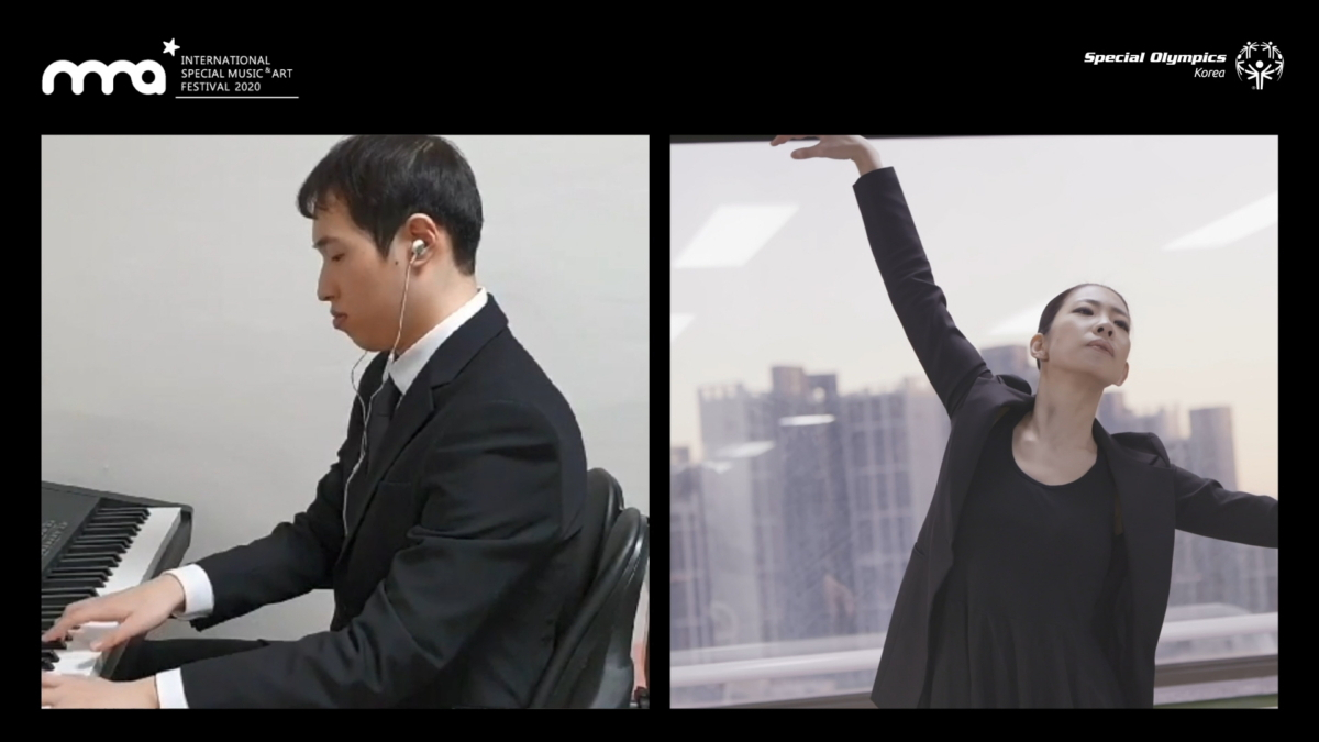 지난 20일 비대면 온라인으로 개최된 '2020 국제 스페셜 뮤직&아트페스티벌'에서 발달장애 황산아 피아니스트와 청각장애 고아라 발레리나가 협연을 펼치고 있다. [SOK 제공]