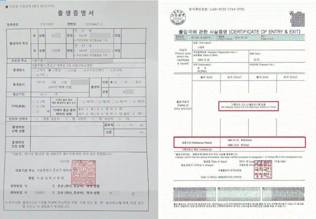 23일 나경원 전 의원이 추가로 공개한 서울대병원 출생증명서(왼쪽)와 임신부터 출산까지 출입국증명서. [나경원 전 의원 페이스북]
