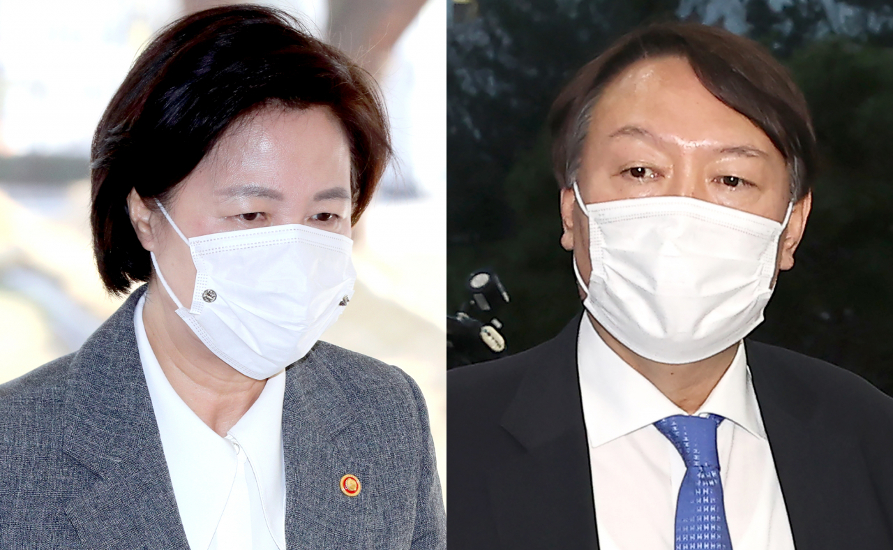 윤석열 검찰총장을 직무에서 배제한 명령의 효력을 임시로 중단하라는 법원의 결정이 나왔다. 추미애 법무부 장관(왼쪽)이 1일 오전 국무회의에 참석하기 위해 정부서울청사에 도착하고 있다. 추 장관의 직무 배제 결정으로 그동안 출근하지 못했던 윤석열 검찰총장이 이날 오후 서초구 대검찰청으로 출근하고 있다. [연합]