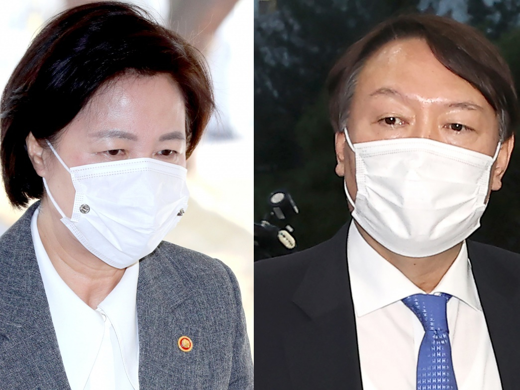 윤석열 검찰총장을 직무에서 배제한 명령의 효력을 임시로 중단하라는 법원의 결정이 나왔다. 추미애 법무부 장관(왼쪽)이 1일 오전 국무회의에 참석하기 위해 정부서울청사에 도착하고 있다. 추 장관의 직무 배제 결정으로 그동안 출근하지 못했던 윤석열 검찰총장이 이날 오후 서초구 대검찰청으로 출근하고 있다. [연합]