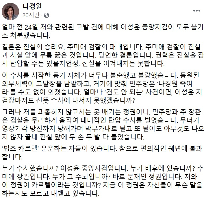 나경원 전 국민의힘 의원 페이스북 일부 캡처.
