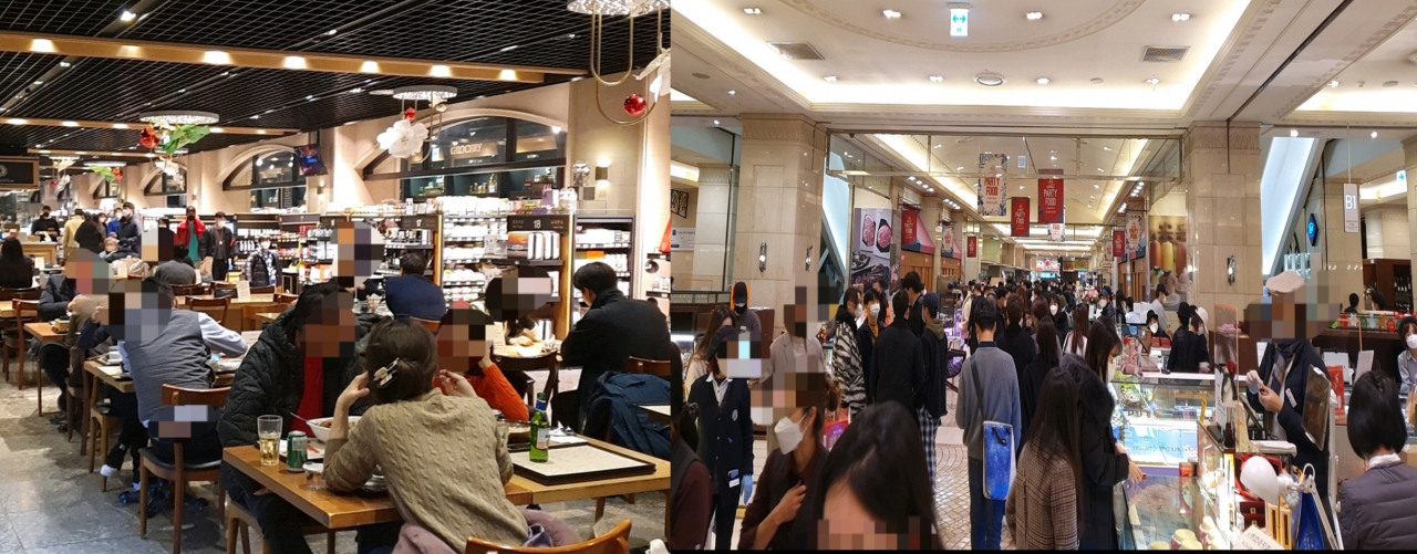 지난 25일 저녁 서울 강남구 갤러리아백화점(왼쪽)과 서초구 신세계백화점 강남점의 지하 식품층 모습. '5인 이상 집합금지'가 무색할 정도로 사람들이 인산인해였다. 김지헌 기자/raw@heraldcorp.com