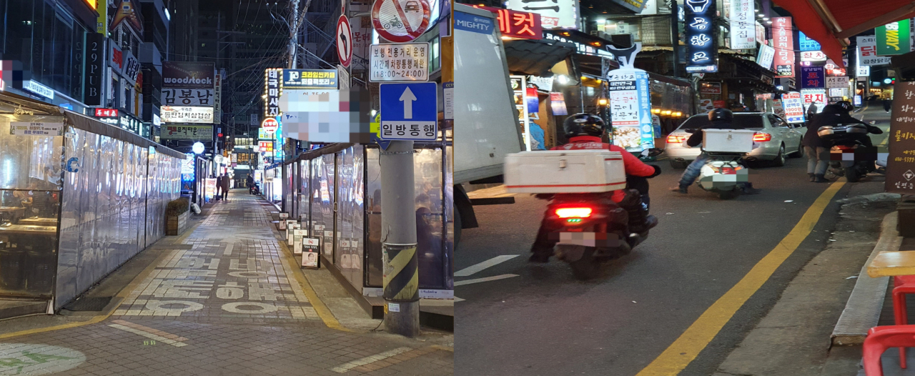 크리스마스 당일이었던 지난 25일 저녁 강남역 인근. 고깃집들이 들어선 길목(왼쪽)이 예년 성탄절과 달리 조용하다. 오토바이들이 줄지어 배달 대행을 하면서 내는 굉음만 거리를 채우는 모습이 목격됐다. 김지헌 기자/raw@heraldcorp.com