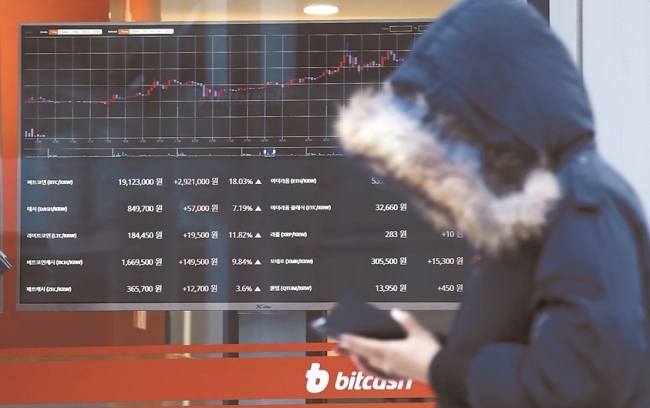 A local cryptocurrency exchange displays a price chart of bitcoin. (Yonhap)