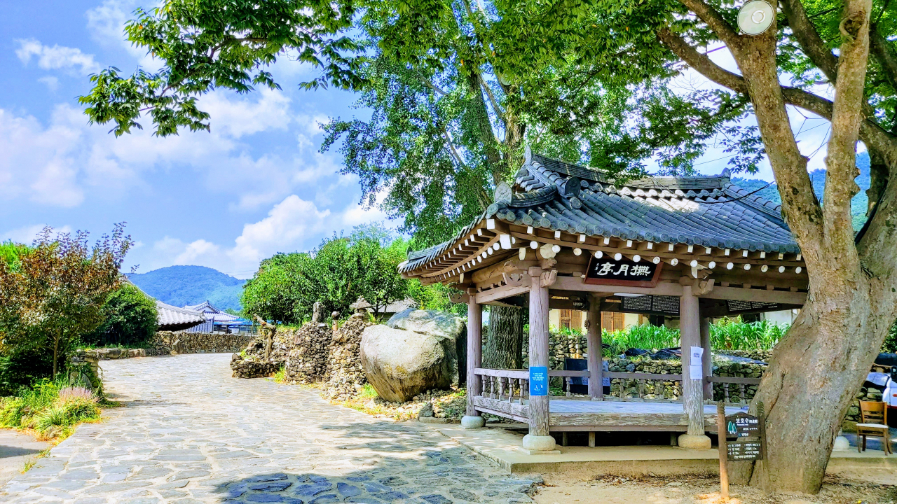 담양 홍주송씨 청심헌종가 입구의 무월마을 정자와 보호수, 목탁바위