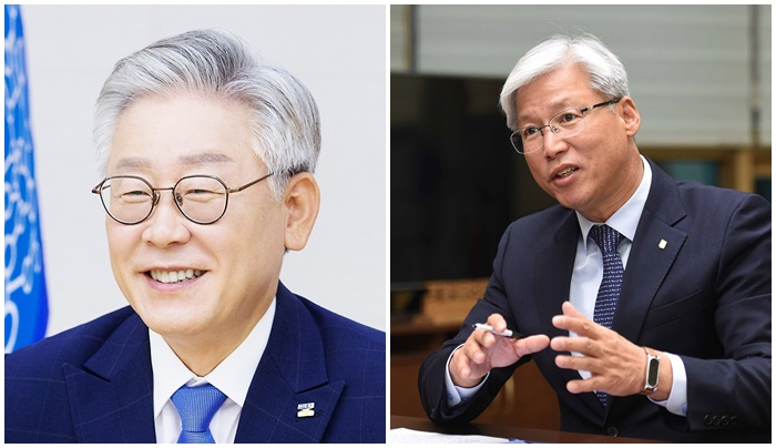 이재명 경기지사(왼쪽)과 이민우 경기신보 이사장(오른쪽)