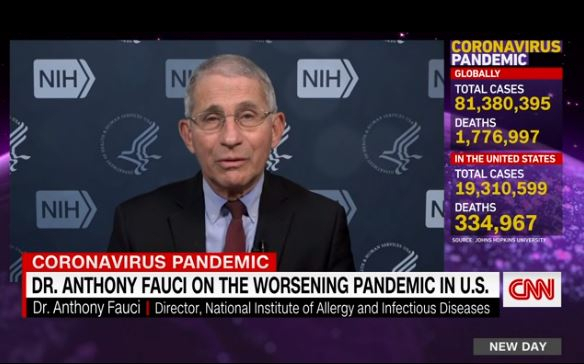 앤서니 파우치 미 국립알레르기·전염병연구소(NIAID) 소장이 29일(현지시간) CNN 방송에 출연해 신종 코로나바이러스 감염증(코로나19) 확산세가 내년 1월 더 나빠질 수 있다고 말하고 있다. [CNN 방송 화면 캡쳐]