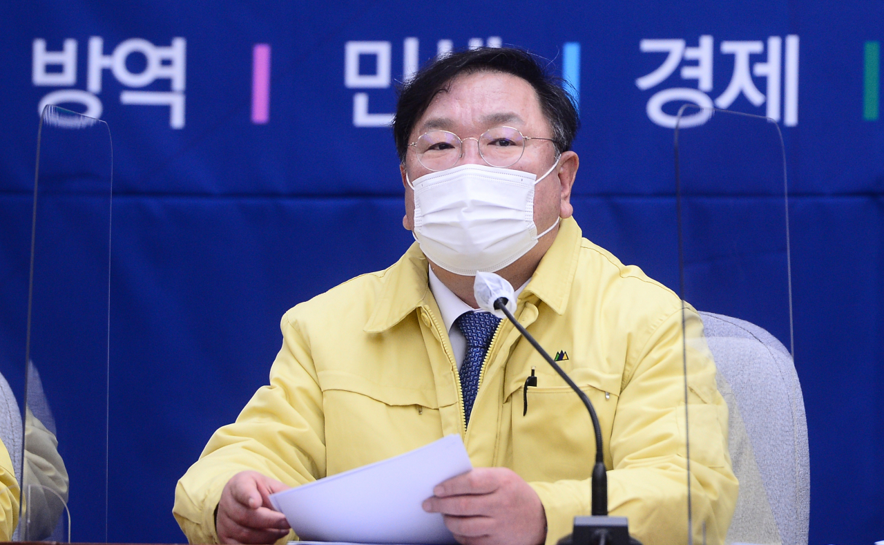 김태년 더불어민주당 원내대표가 31일 서울 여의도 국회에서 열린 정책조정회의에서 발언하고 있다. [연합]