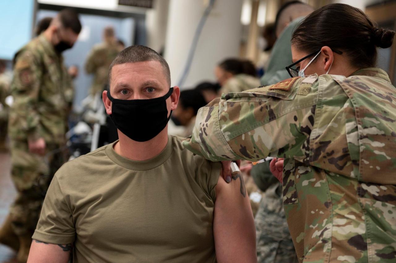 This photo, provided by the US Forces Korea (USFK), shows a USFK service member getting a COVID-19 vaccine at Brian D. Allgood Army Community Hospital at Camp Humphreys in Pyeongtaek, Gyeonggi Province, on Tuesday. (USFK)