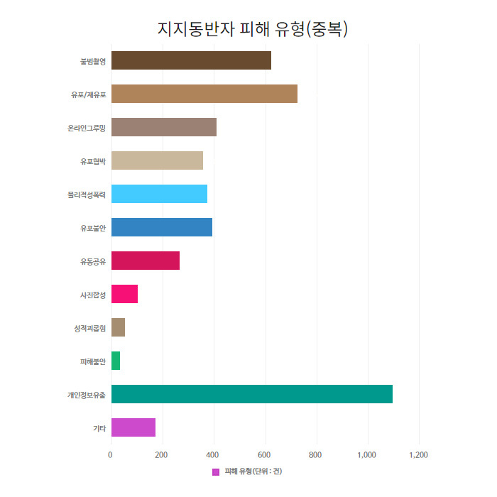 2019년 10월부터 지난해 10월까지 ‘찾아가는 지지동반자’에 접수된 피해 유형. 그중 ‘개인정보 유출’ 피해는 온라인 그루밍이나 유포 피해에서도 수반되는 유형이라 특히 수치가 크다는 설명이다. [나무여성인권상담소 제공]