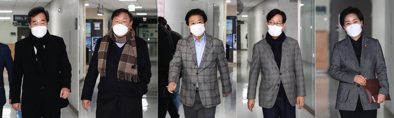 더불어민주당 이낙연 대표(왼쪽부터), 김태년 원내대표, 노웅래, 신동근, 양향자 최고위원이 3일 국회 의원회관에서 비공개 최고위원회의를 위해 이 대표의 사무실로 각각 들어가고 있다. [연합뉴스]