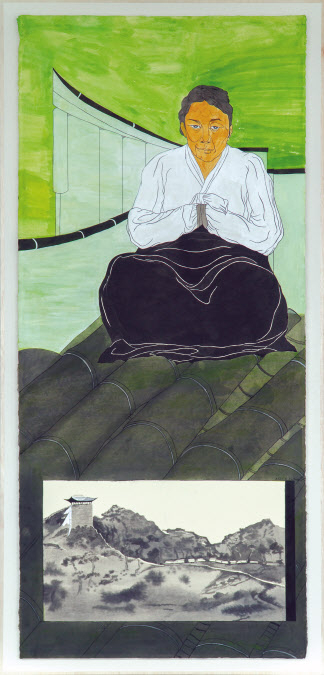 윤석남, 강주룡 초상, 2020, 한지 위에 분채, 210x94cm, [학고재갤러리 제공]