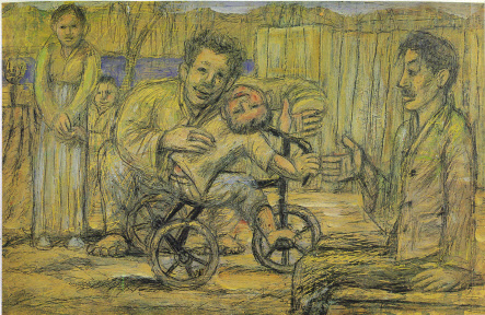 이중섭, 시인 구상의 가족, 1955, 종이에 연필, 유채, 32x49.5cm, 개인소장[국립현대미술관 제공]