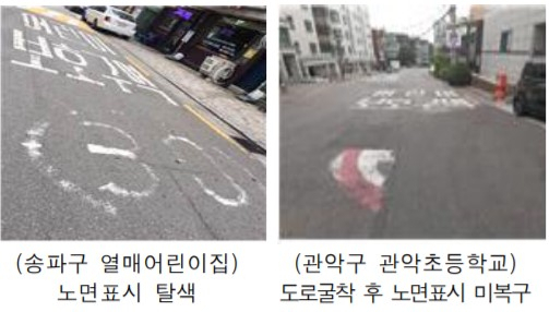 어린이 보호구역 내 안전표지가 심하게 훼손된 사례.