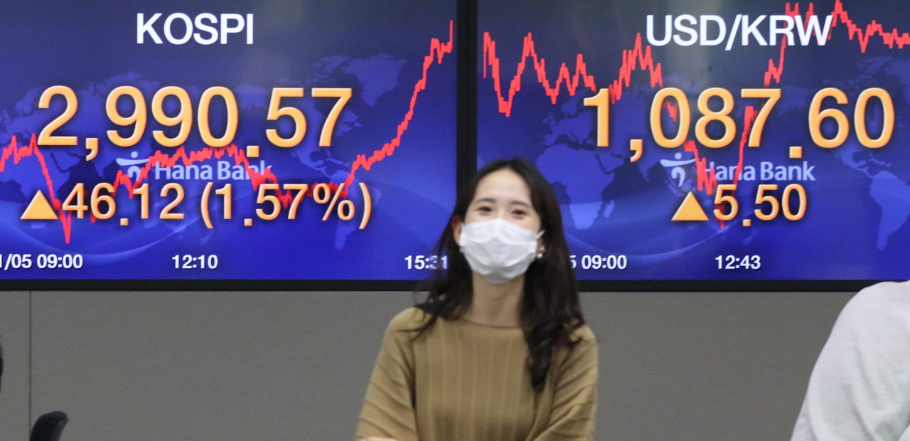 [사진=5일 명동 하나은행 본점 딜링룸 모습] [연합]