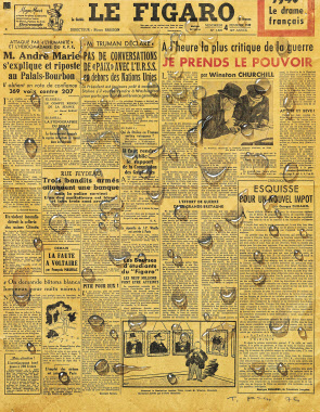 김창열, Le Figaro, 1975, Watercolor on newspaper, 53.5 &times; 42cm. 물방울이 문자와 최초로 결합한 작품이다. [갤러리현대 제공]