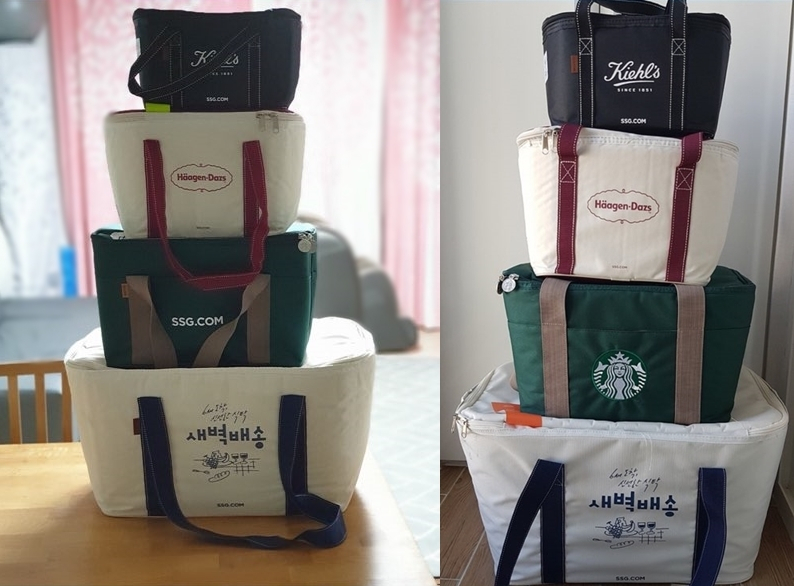 SSG닷컴의 새백배송 전용 가방인 ‘알비백’이 인기를 끌면서, 온라인 상에서 다양한 알비백 에디션을 모아 일명 ‘알비백 마트료시카’를 쌓는 인증샷도 늘고 있다. [온라인커뮤니티 캡처]