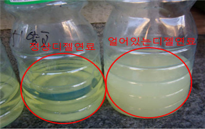 한파에 경유차는 기온차로 인한 연료탱크 결로현상으로 연료의 파라핀 성분이 응고되면 연료필터의 흡입 저항으로 시동 불량이 발생할 수 있다. [자동차 시민연합 제공]
