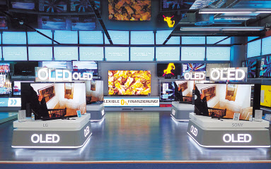 독일 베를린의 한 전자제품 매장에 전시된 OLED TV 제품들. [LG디스플레이 제공]
