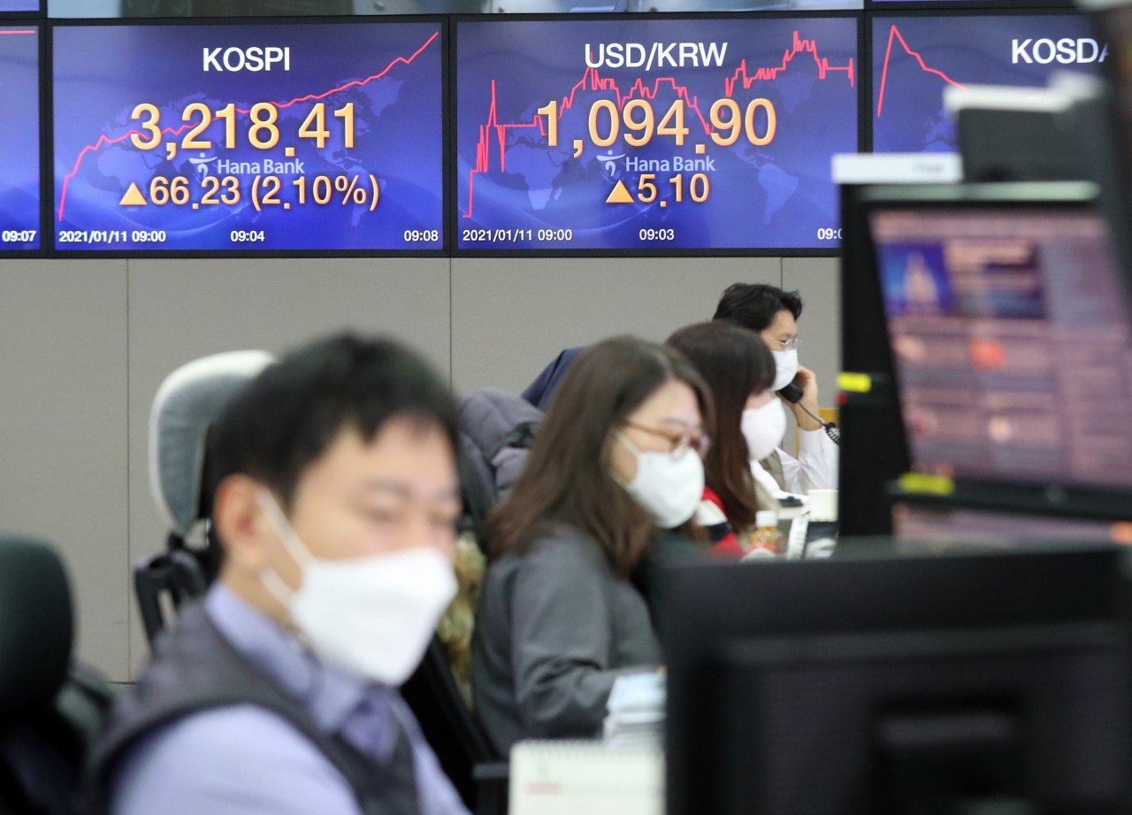 코스피가 11일 장 초반 3,200선을 돌파했다. 하지만 증권사 센터장들은 여전히 추가 상승 여력이 남아 있다고 진단했다. 사진은 이날 하나은행 본점 딜링룸 모습. [연합]