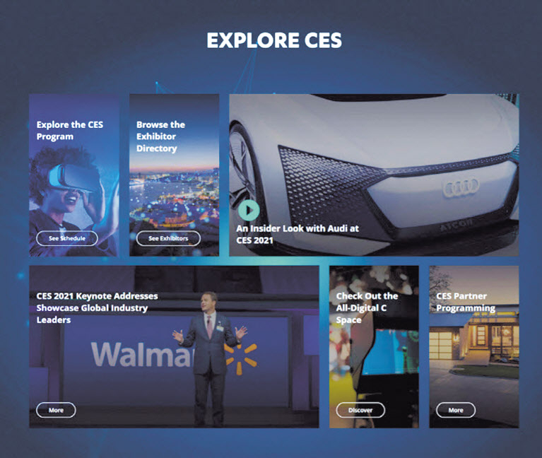 CES 2021 온라인 주요 전시 프로그램. [CES홈페이지 캡처]