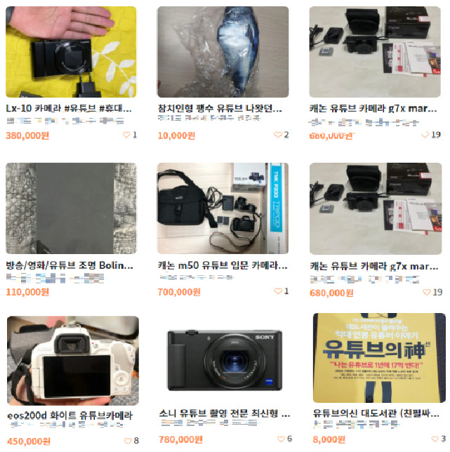 검색어 '유튜브' 입력시 나오는 각종 카메라와 실용서적[당근마켓 캡처]