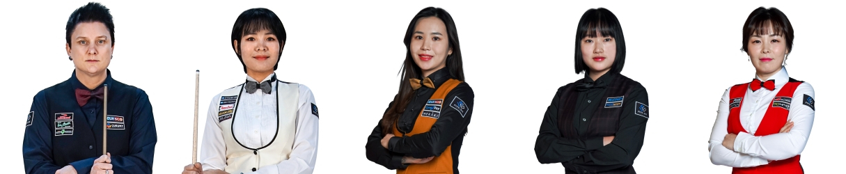 여자 3쿠션 세계 1·2위 테레사·피아비와 한국 3위 김진아, 4위 한지은, 6위 이신영(이상 왼쪽부터) [파이브앤식스 제공]
