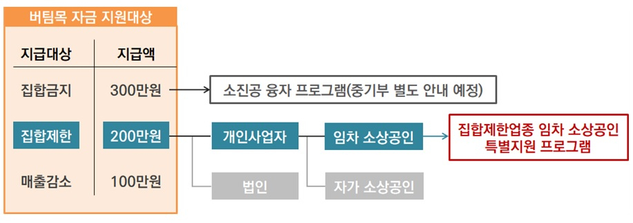 [이미지=집합제한업종 임차 소상공인 대출 프로그램 이용 가능 대상. 버팀목 자금 200만원을 지급받거나 지급을 결정받은 개인사업자여야 하며, 현재 유상으로 임차해 집합제한업종을 운영하고 있어야 한다.]