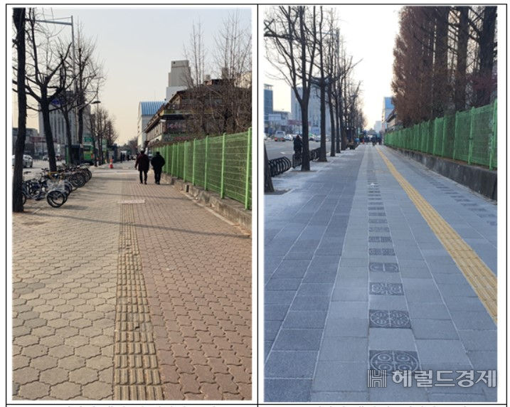송파구 영파여고 앞 보도 디자인 개선 전(왼쪽)과 후의 모습. [송파구 제공]