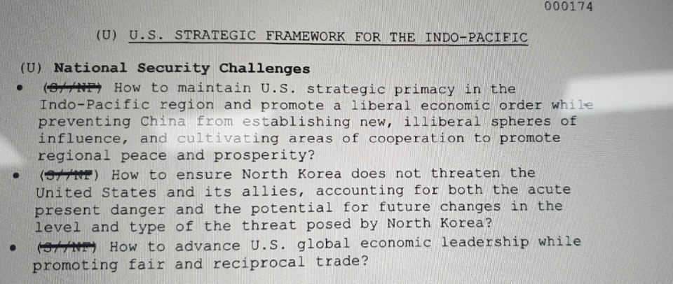 도널드 트럼프 미국 백악관이 공개한 ‘인도태평양 전략’ 내부문건 [미국 백악관 제공]