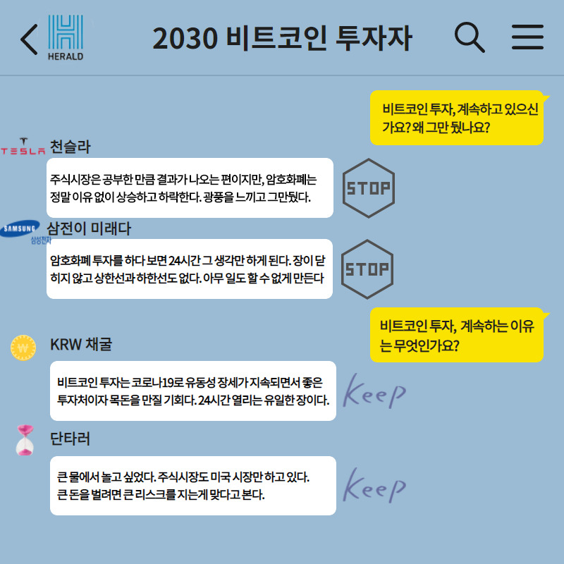 취재원들의 답변을 카카오톡 대화 형식으로 재구성한 이미지. [디자인=김용재 기자]