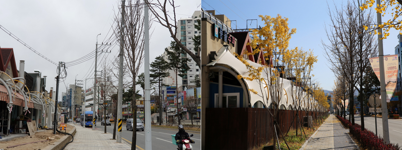 전력 설비 지중화 작업 전후 강릉 춘천 풍물시장의 모습 [연합]