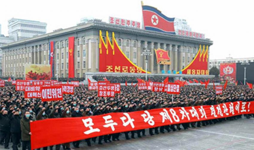 North Koreans participate in a mass rally in Pyongyang last Friday, in support of the decisions from the recently concluded eighth congress of the North's ruling Workers' Party, in this photo captured from the website of the Rodong Sinmun on Sunday. (Rodong Sinmun)