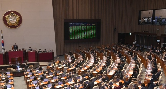 지난해 12월 10일 서울 여의도 국회에서 열린 본회의에서 고위공직자범죄수사처(공수처) 설치 및 운영에 관한 일부개정법률안이 통과되는 장면. [연합]