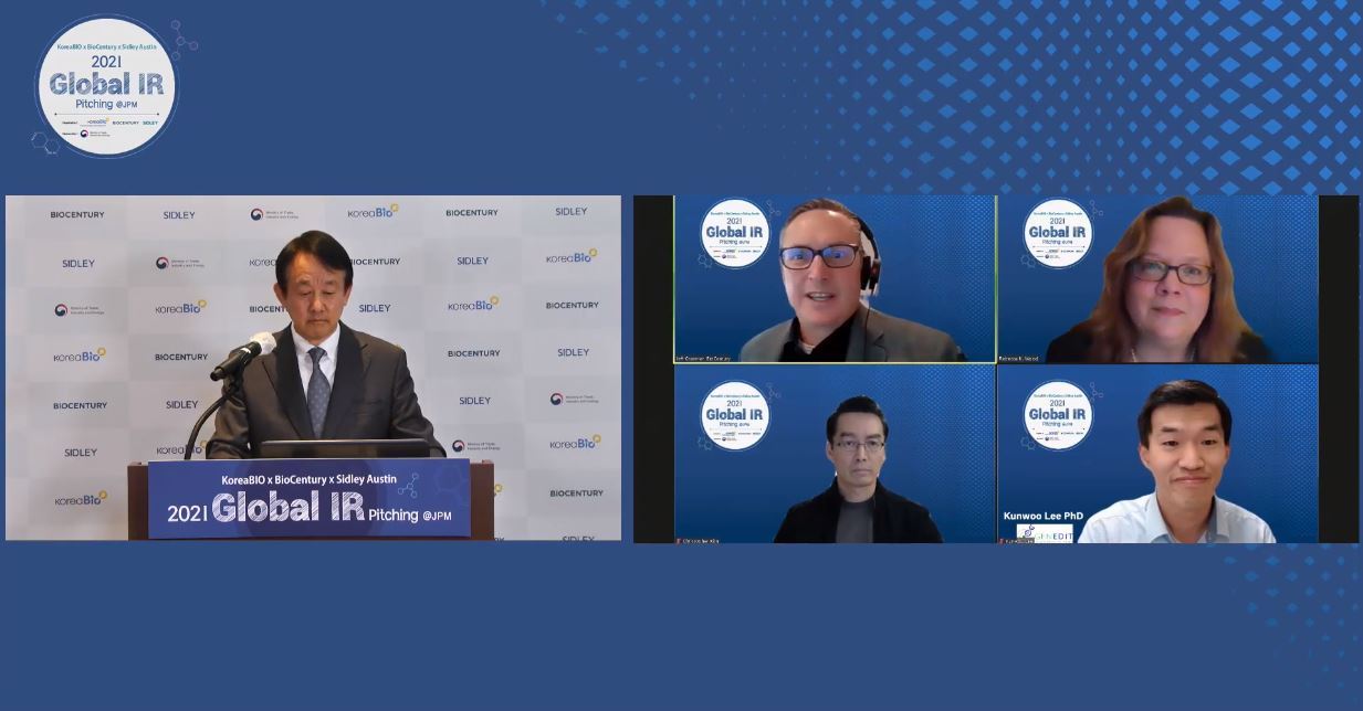 Panel discussion at Thursday's post-JPM 2021 investor relations event in Korea features CEO BG Rhee of SCM LifeScience (left), moderator Jeffrey Cranmer (left-top) who is executive editor at BioCentury, Rebecca K. Wood (right-top), who is a Partner at Sidley Austin, Christopher Kim (left-bottom) who is a Partner at Novatio Ventures and CEO Lee Kun-woo of GenEdit (right-bottom).