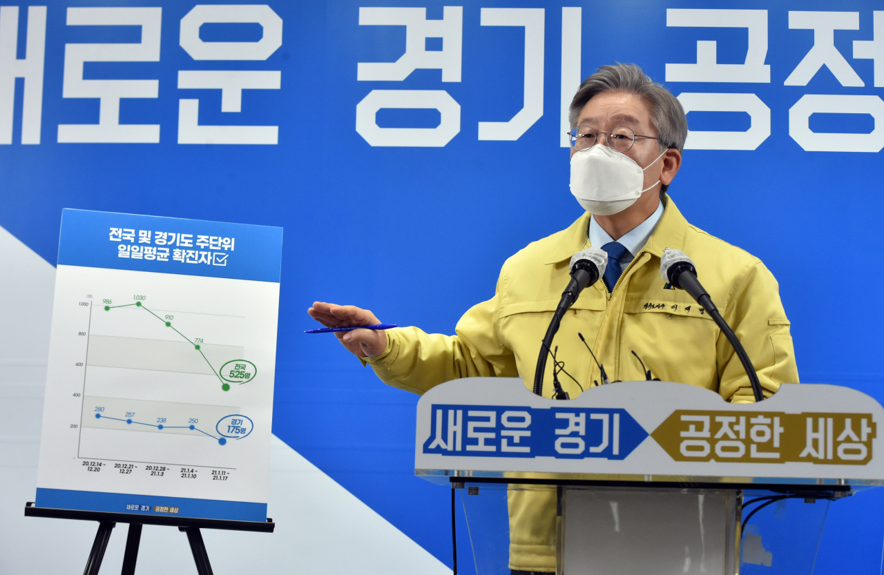 이재명 경기도지사가 20일 오전 경기도 수원시 경기도청 브리핑룸에서 제2차 경기도 재난기본소득 지급 계획을 밝히고 있다. [연합]