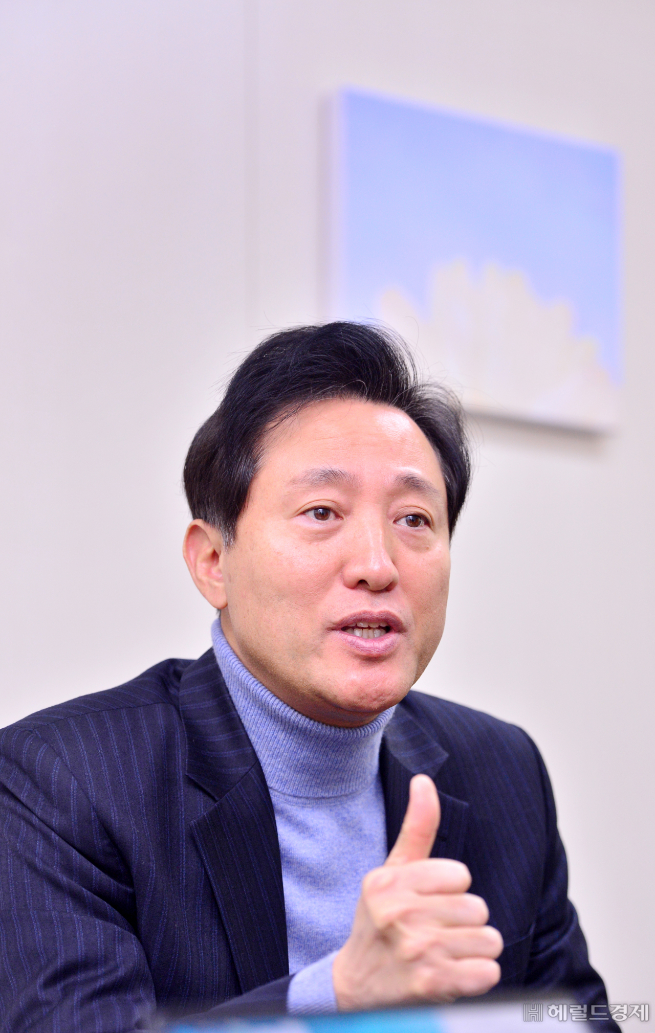 오는 4월 서울시장 보궐선거에 출사표를 낸 국민의힘 소속 오세훈 전 서울시장이 지난 22일 광진구 사무실에서 헤럴드경제와 인터뷰를 하고 있다. [박현구 기자/phko@heraldcorp.com]
