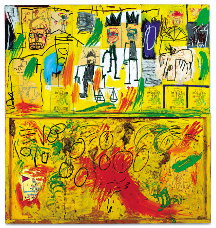 Untitled (Yellow Tar and Feathers), 1982, Acrylic, oil stick, c r a y o n, p a p e r collage, and feathers on joined wood panels, 245.1&times;229.2cm