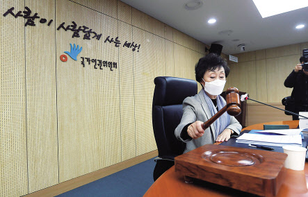 최영애 국가인권위원장이 지난 25일 서울 중구 인권위에서 열린 전원위원회에서 의사봉을 두드리고 있다. 같은 날 인권위는 박 전 시장의 부적절한 성적 언동이 성희롱에 해당한다고 판단했다. [사진공동취재단]